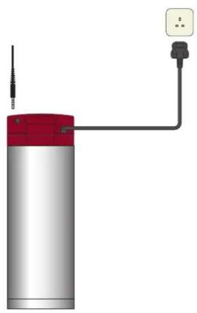 3D diagram of a cylindrical device with red lid and black plug, connected to a power outlet (no text or symbols)