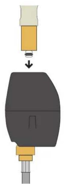 Diagram of a mechanical component with a downward arrow indicating process (no text or symbols)