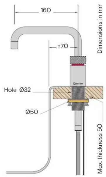 Hole Ø32 Ø50 Ø70 160 Max. thickness 50 Dimensions in mm