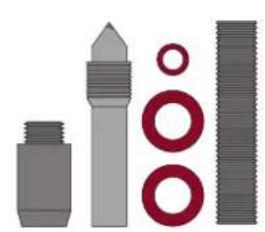 Illustration of mechanical components including a pen, threaded shaft, and threaded fastener (no text or symbols)
