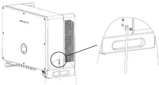 Technical line drawing of a device housing with a close-up view showing internal components and mounting bracket (no text or symbols)