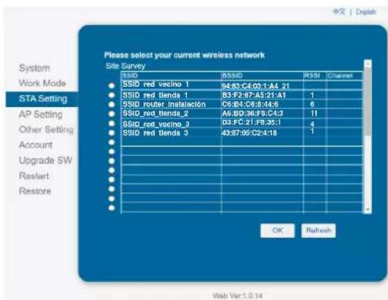 Please select your current wireless network Site Survey SSID BSIID R3SI CChannel SSID red vecino 1 94:83:C4:03:1:A4_21 SSID red blenda 1 B3:F2:67:A5:21:A1 1 SSID router instalación C5:B4:C8:8:44:6 6 SSID_red_blenda_2 A5:BD:36:F6:C4:3 11 SSID_red_vecino_3 B3:F,C:21:F8:35:1 4 SSID Red blenda 3 43:87:0…