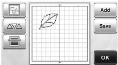 Screenshot of a software interface showing a grid-based drawing with a leaf icon, alongside control buttons for Add, Save, and OK.