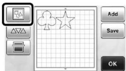 Screenshot of a software interface with drawing tools and a grid-based drawing canvas, showing icons for triangle, clover, star, and printer.