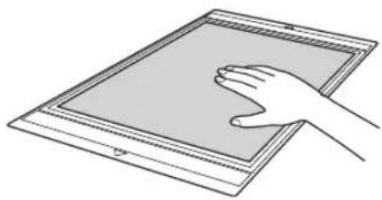 Line drawing of a hand pressing down on a flat surface (no text or symbols)