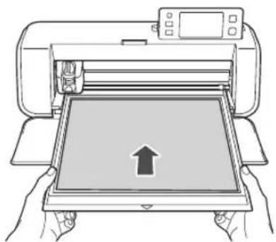 Illustration of hands operating a printer with an upward arrow on the screen (no text or symbols)