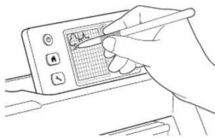 Line drawing of a hand using a stylus to write on a digital device screen (no text or symbols visible)