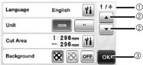 Language English 1 / * Unit mm " Cut Area 1: 298 mm - ←: 296 mm Background OFF OK ③