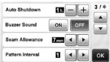 Auto Shutdown 1h - + 3 / * Buzzer Sound ON OFF Seam Allowance 7mm Pattern Interval 1 OK
