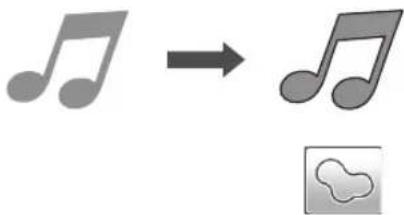 Musical notation transformation diagram showing a note symbol transforming into a simplified note with cloud icon