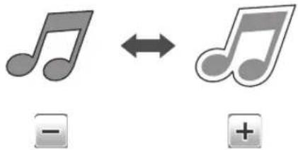 Diagram showing a musical note symbol transforming into a music note with an inverse bidirectional arrow, accompanied by a minus and plus button icons.