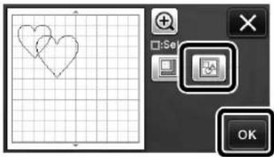 Screenshot of a graphic editing interface showing two heart shapes on grid paper, with OK button and selection panel visible.
