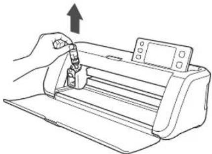 Line drawing of a printer being inserted into a paper airplane, with an upward arrow indicating the process (no text or symbols present)