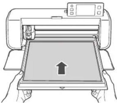 Illustration of hands operating a printer with an upward arrow on the screen (no text or symbols)