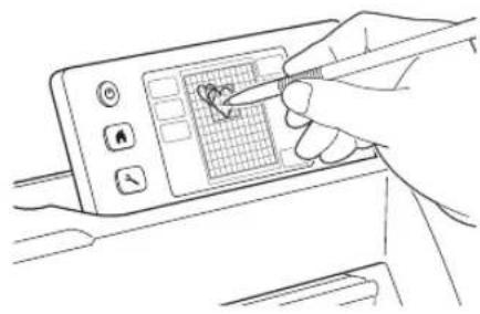 Line drawing of a hand using a stylus to interact with a digital device (no text or symbols visible)