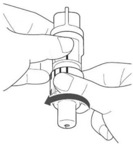 Line drawing of hands holding a mechanical component with a curved arrow indicating rotation (no text or symbols)
