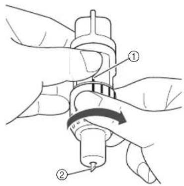Technical diagram showing a mechanical assembly with labeled parts ① and ②, likely illustrating a turning or disassembly process.