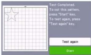Test Completed. To cut this pattern, press "Start" key. To test again, press "Test again" key. Test again Start