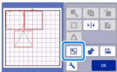Screenshot of a graphic design software interface showing a grid, selection panel with a highlighted square, and toolbar buttons.