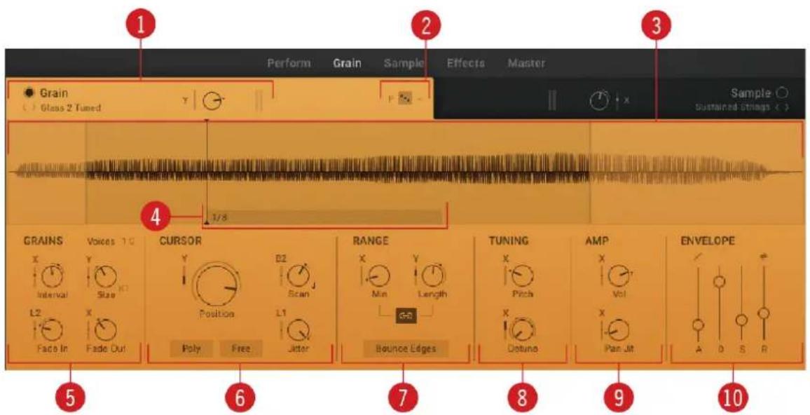 1 Grain Glass 2 Tuned Perform Grain Sample Effects Master Sample Sustained Strings 4 1/8 GRAINS Voices 10 X Y Interval Size L2 X Fade In Fade Out CURSOR Position D2 Scan Poly Free Jitter RANGE Min Length Bounce Edges TUNING Pitch X X Distuna AMP Vol Pan Jit ENVELOPE A D S R 5 6 7 8 9 10
