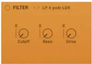 FILTER < > LP 4 pole LDR X C Reso X Cutoff Drive