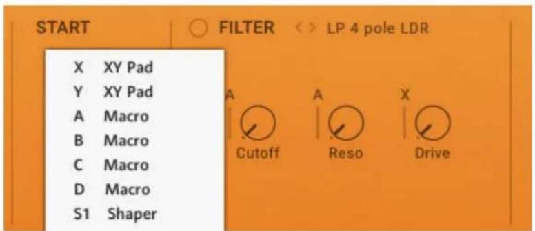 START X XY Pad Y XY Pad A Macro B Macro C Macro D Macro S1 Shaper FILTER <> LP 4 pole LDR A Cutoff A Reso X Drive