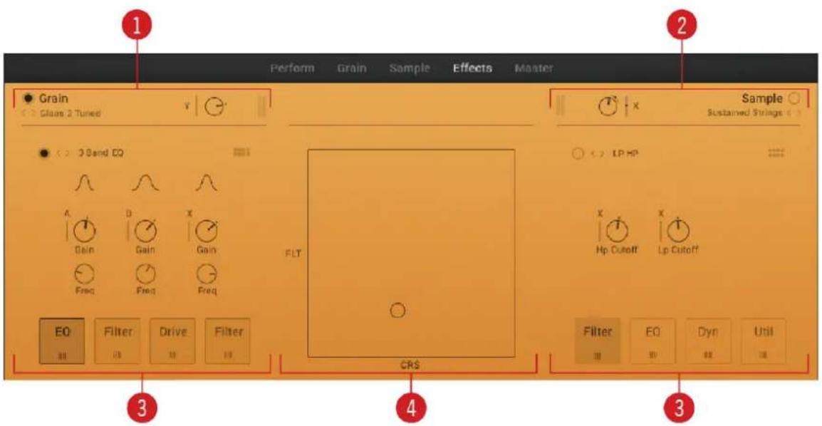 Perform Grain Sample Effects Master 1 Grain Gloss 2 Tuned Sample Sustained Strings 2 Band EQ A Gain Freq D Gain Freq X Gain Freq FLT LP HP X Hp Cutoff Lip Cutoff EQ Filter Drive Filter CRS Filter EQ Dyn Util 3 4 3