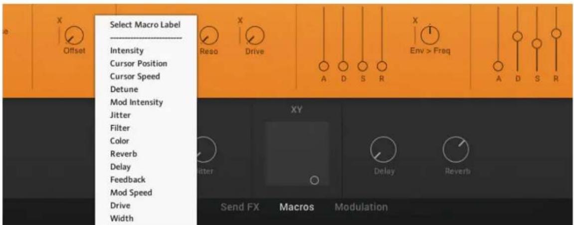 Select Macro Label Intensity Cursor Position Cursor Speed Detune Mod Intensity Jitter Filter Color Reverb Delay Feedback Mod Speed Drive Width Send FX Macros Modulation