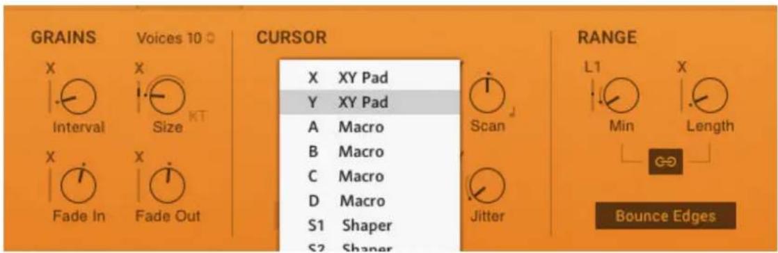 GRAINS Vices 10 X Interval Size X Fade In Fade Out CURSOR X XY Pad Y XY Pad A Macro B Macro C Macro D Macro S1 Shaper S2 Shaper Scan Jitter RANGE L1 Min Length Bounce Edges