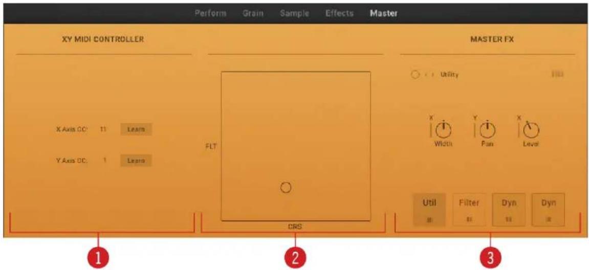 Perform Grain Sample Effects Master XY MIDI CONTROLLER X Axis CC: 11 Learn Y Axis CC: 1 Learn FLT MASTER FX Utility Width Fan Level CRS Util Filter Dyn Dyn ① ② ③
