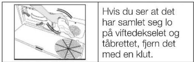 Hvis du ser at det har samlet seg lo på viftedekselet og tåbrettet, fjern det med en klut.