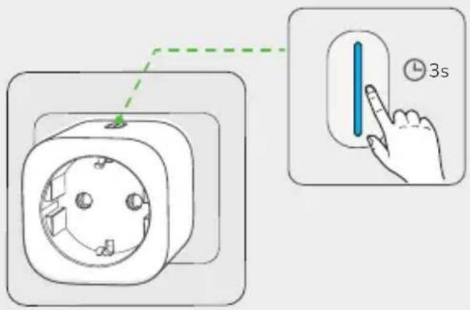 Diagram showing a wall socket with a hand pointing to a 3-second indicator finger, alongside a magnified view of the socket's adjustment.