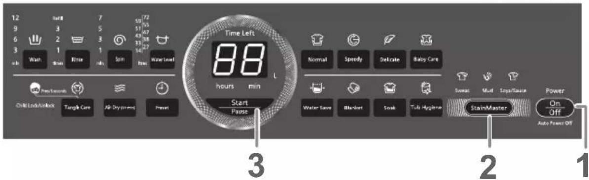 12 9 6 3 4 7 5 3 2 1 6 3 Water Level Water Time Left 88 hours min Start Pause Normal Speedy Delicate Baby Care Water Save Blanket Toak Tub Hygiene Sweat Mud Soya/Sauce Power StainMaster On Off Auto Power Off 3 2 1