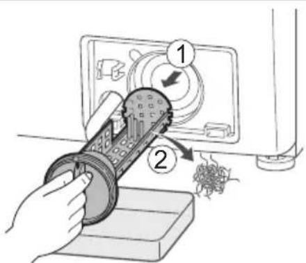 Diagram showing a hand using a device to clean or install a washing machine, with numbered parts indicating the process.