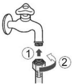 Diagram showing a faucet with two labeled parts, illustrating the process of valve turning or disassembly.