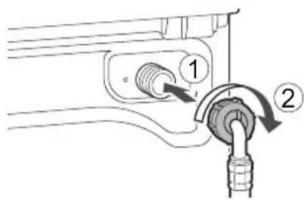 Diagram showing a mechanical or electrical component with labeled parts 1 and 2, indicating connection or assembly steps.