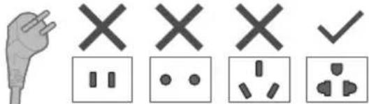 Electrical plug and four electrical symbols: three X marks, three I/O dots, and one plug with a checkmark.