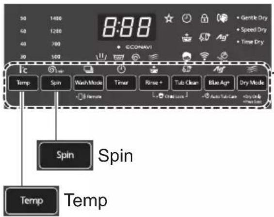 8:88 90 1400 60 1200 40 700 30 100 ECONAVI • Gentle Dry • Speed Dry • Time Dry Temp Spin Wash Mode Timer Rinse + Tub Clean Blue Agr Dry Mode • Home Home • Air Tube Care -Dry Only • Free Line Spin Spin Temp Temp