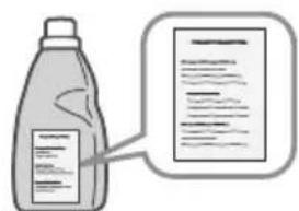 Illustration of a bottle with a label and a document, showing text and diagrams.