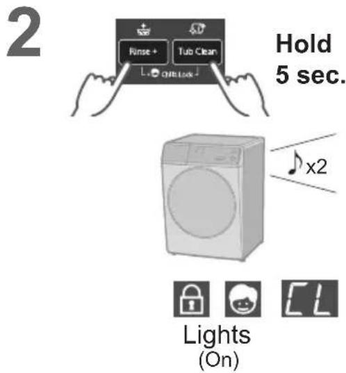 2 Hold 5 sec. Rinse + Tub Clean QIR Lock x2 Lights (On)