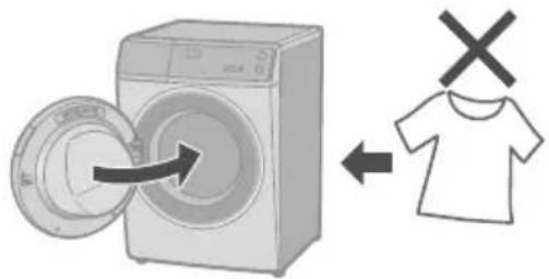 Diagram showing washing machine with lid removed and clothing with X mark indicating absence or clearance