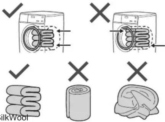 Illustration showing washing machine and fabric with incorrect and incorrect ways to clean milk wool, including a rolled-up and human head.