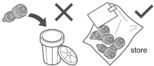 Diagram illustrating a recycling process with a waste bin, a cross mark, and a store with recycling bags.