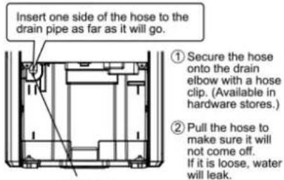 Insert one side of the hose to the drain pipe as far as it will go. ① Secure the hose onto the drain elbow with a hose clip. (Available in hardware stores.) ② Pull the hose to make sure it will not come off. If it is loose, water will leak.