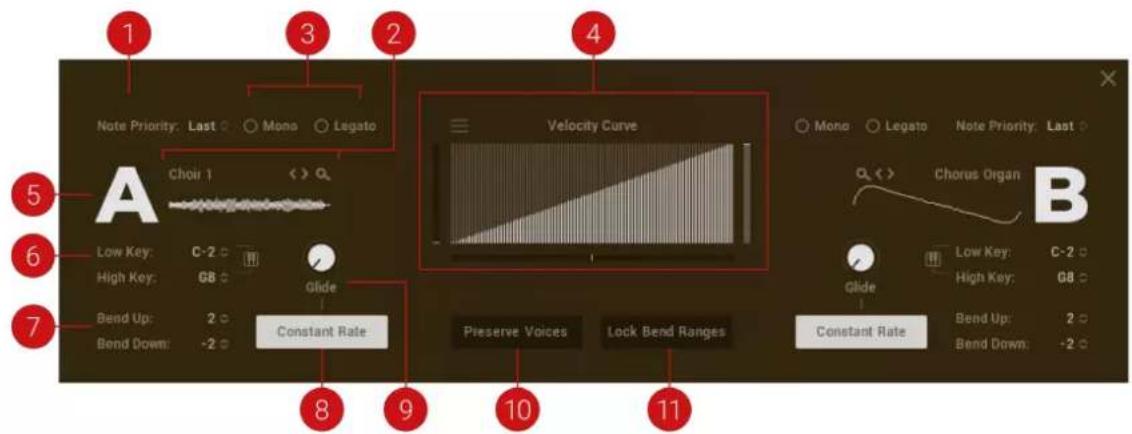 Note Priority: Last ○ Mono ○ Legato A Choi 1 Low Key: C-2 High Key: G8 Glide Bend Up: 2 Bond Down: -2 Velocity Curve Preserve Voices Lock Bend Ranges Constant Rate Chorus Organ B Low Key: C-2 High Key: G8 Glide Bend Up: 2 Bond Down: -2