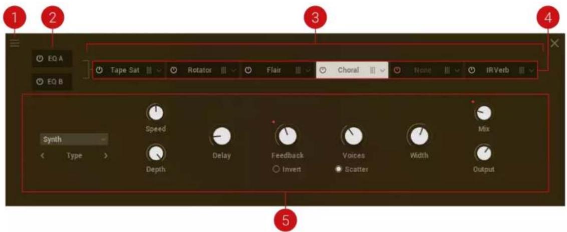 1 2 EQ A EQ B Tape Sat Rotator Flair Choral None IRVerb 3 Synth Speed Delay Feedback Voices Width Mix Type Depth Invert Scatter Output 5