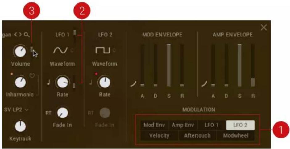 3 2 gan < > Q Volume Waveform Rate Rate SV LP2 RT Fade In LFO 1 LFO 2 MOD ENVELOPE AMP ENVELOPE A D S R A D S R MODULATION Mod Env Amp Env LFO 1 LFO 2 Velocity Aftertouch Modwheel Keytrack