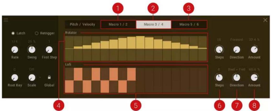 Pitch / Velocity Macro 1 / 2 Macro 3 / 4 Macro 5 / 6 Rotator 16 Forward 33.4 % Rate Swing First Step Steps Direction Amount 0 Off Root Key Scale Global Loft 8 Bnd - Fwd 60.6 % Steps Direction Amount 4 5 6 7 8