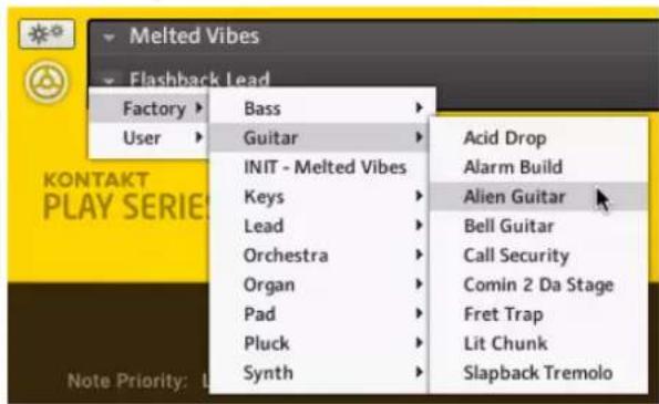 Melted Vibes Flashback Lead Factory > Bass > User > Guitar > INIT - Melted Vibes > Keys > Lead > Orchestra > Organ > Pad > Pluck > Synth > Acid Drop Alarm Build Alien Guitar > Bell Guitar Call Security Comin 2 Da Stage Fret Trap Lit Chunk Slapback Tremolo Note Priority: L
