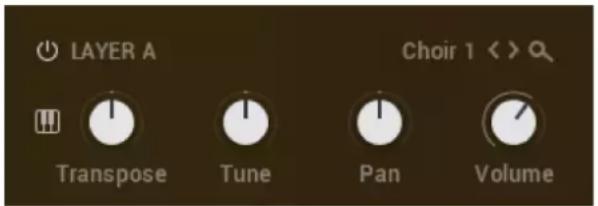 LAYER A Choir 1 < > Transpose Tune Pan Volume
